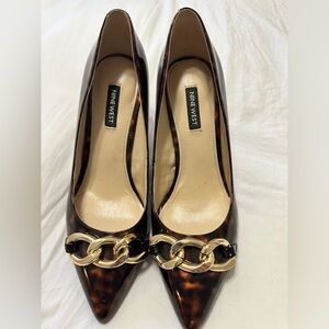 Nine West Ezzie Pump- Brown Tortoise Patent Leather with gold buckle